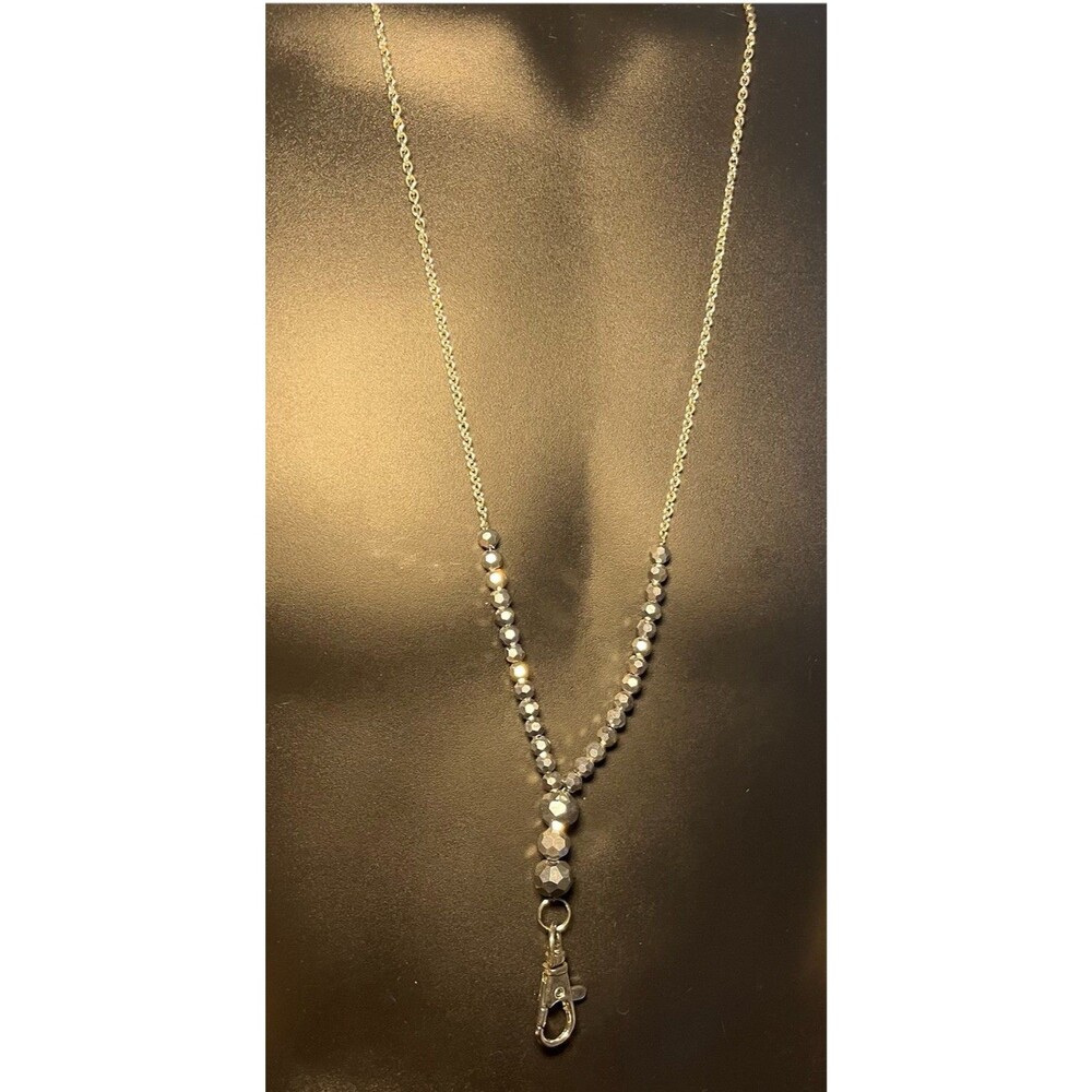Beaded Lanyard ID Badge Holder Necklace Pewter Beads and Silver Chain Approx 32"